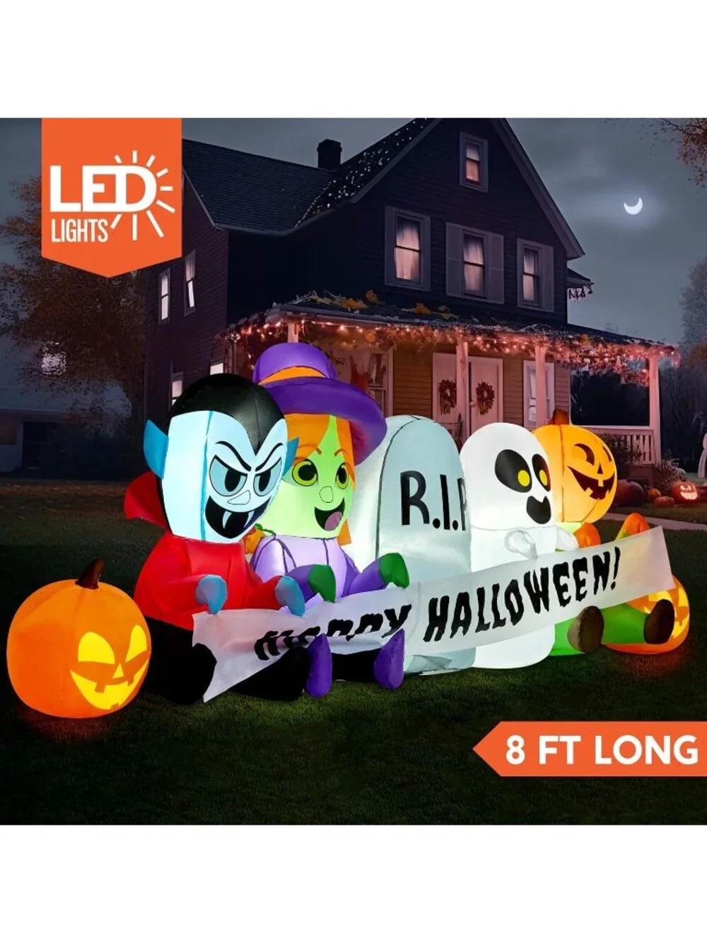 🎃 8 FT Long Halloween Pumpkin Ghost Vampire Witch Tombstone Decor with LEDs